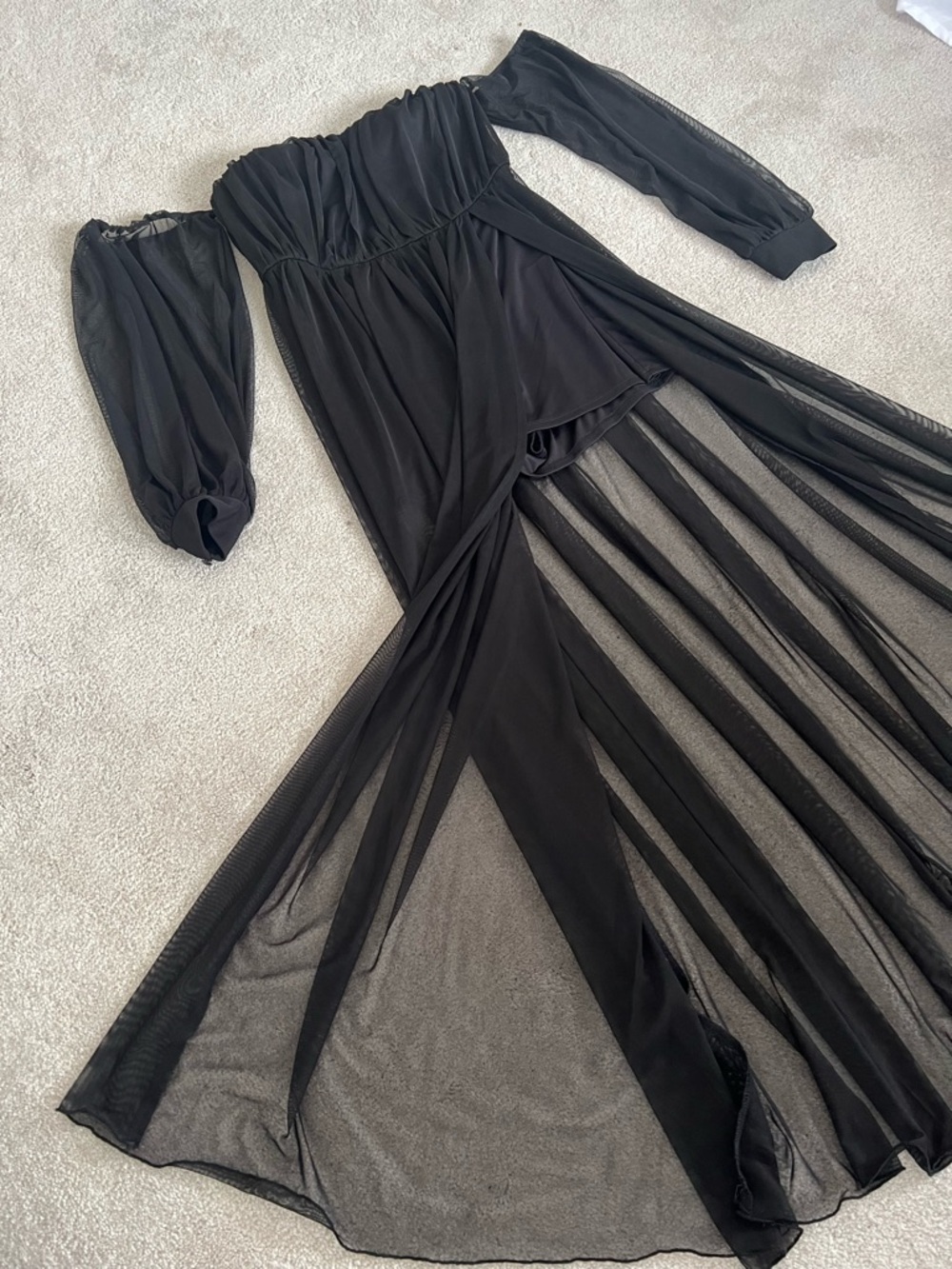 Off-Shoulder Black Maxi Romper with Sheer Skirt